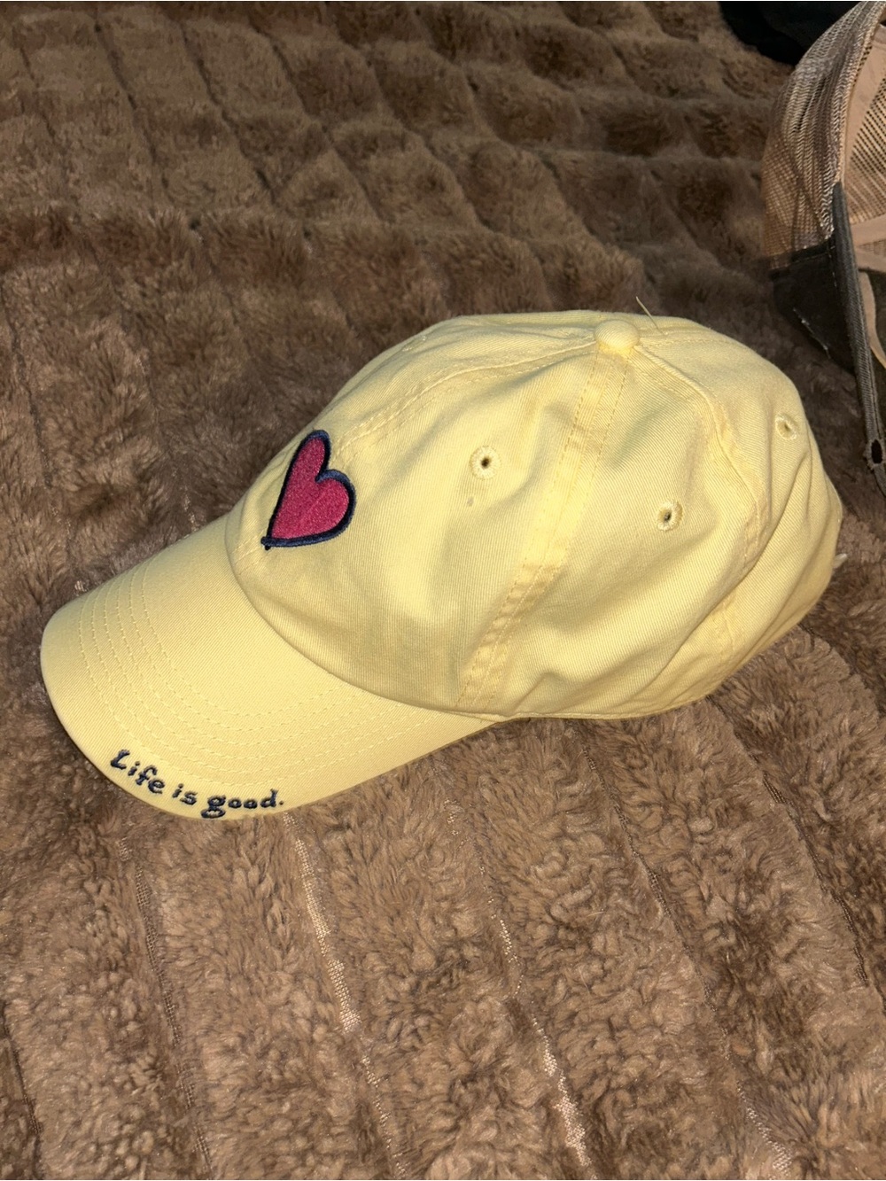 Life Is Good Yellow Cap with Pink Heart